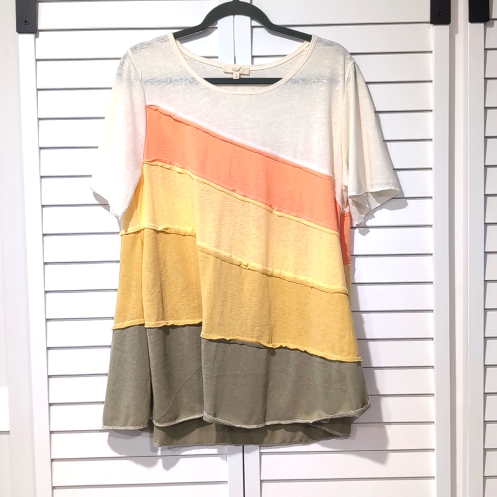 Easel Rainbow Stripe Flowy Top, Size Large